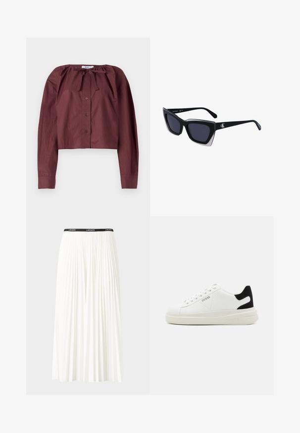 Burgundijas krāsas īsais tops vieglā audumā ar sasienamu apkakli, garām piedurknēm un priekšējo pogu aizdari. Gluda tekstūra ar minimālu detaļu.; Gari plānas baltas svārku ar melnu elastīgu jostu, uz kuras redzams "LACOSTE" logo. Vidēja garuma dizains ar mīkstu tekstūru.; Baltas ādas sporta apavi ar biezu balto zoli, melna zamša uzpura un izspiestais logotips sānos. Šņorējuma dizains ar sešiem acu caurumiem.; Melni pārmēru saulesbrilles ar ģeometrisku formu, kas aprīkotas ar tumšiem stikliem un kontrastējošu pelēku akcentu uz rāmja. Logo uz kājas.