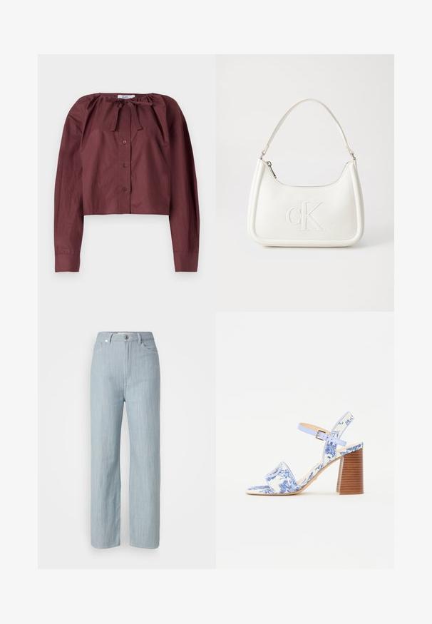 Burgundi színű, rövidített blúz könnyű anyagból, megkötős nyakkal, hosszú ujjal és elöl gombos záródással. Sima textúra minimális részletezéssel.; Világoskék egyenes szárú farmernadrág. Öt zsebbel, fém gombos záródással és finom kopási hatással a textúra érdekében rendelkezik.; Kék virágmintás szandál négyzetes orral, széles pánttal és állítható bokapánttal, texturált fa sarokkal.; Fehér bőrtáska ívelt formájú, elöl feltűnő "CK" logóval, egyetlen vállpánttal. Cipzáras zárás a tetején.