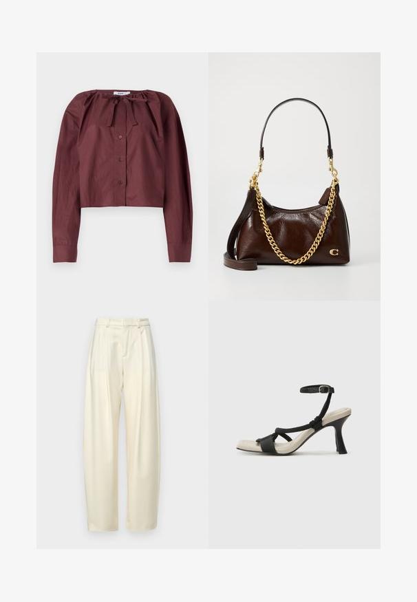 Bordová zkrácená blůza z lehkého materiálu, s vázáním kolem krku, dlouhými rukávy a předním zapínáním na knoflíky. Hladká textura s minimálními detaily.; Plissé kalhoty s vysokým pasem ve světle krémové barvě. Mají rovný střih a hladkou texturu. Bez kapes a viditelného kovového zapínání.; Černé sandály na podpatku s pleteným designem pásku, čtveratou špičkou a nastavitelným páskem kolem kotníku. Světle béžová stélka s lesklým černým podpatkem.; Hnědá kožená kabelka s texturovaným povrchem, zlatým řetízkem na rameno a krátkým držadlem, se zdobením loga na boku.