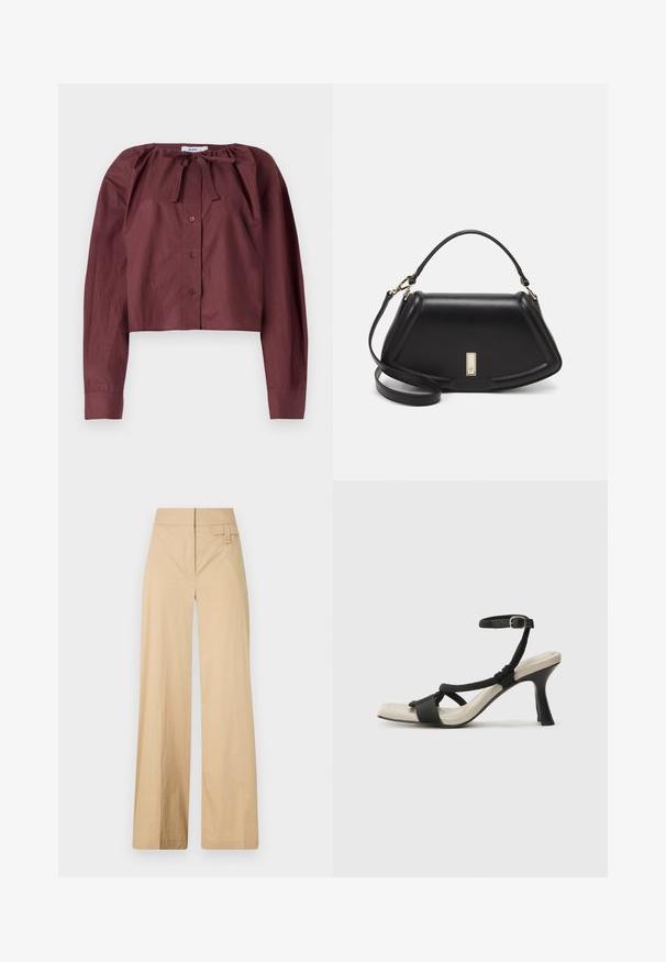 Burgundy cropped blouse van lichtgewicht stof, met een knoopsluiting bij de hals, lange mouwen en een voorkant met knopen. Zachte textuur met minimale details.; Beige wijde broek gemaakt van een katoenmix. Kenmerkt zich door een gladde textuur, een elastische tailleband en een zijknopdetail.; Zwarte hoge hak sandaal met een gevlochten bandontwerp, vierkante teen en verstelbare enkelband. Lichtbeige voetbed met een glanzende zwarte hak.; Zwarte leren handtas met een gestructureerd ontwerp, featuring een verkorte vorm, bovenhandvat en gouden hardwareaccent. Inclusief verstelbare schouderband.