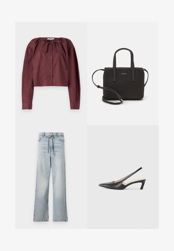 Burgundy cropped blouse in lightweight fabric, featuring a tie neckline, long sleeves, and a front button closure. Smooth texture with minimal detailing.; Light blue wide-leg jeans made of denim, featuring a high waist, front pockets, and a drawstring detail at the waist. Distressed texture.; Black pointy-toed slingback shoe with a low heel, featuring smooth leather material and cut-out design on the side for breathability.; Black handbag with dual short handles and a removable shoulder strap. Smooth leather-like material with a zip closure and logo detail.