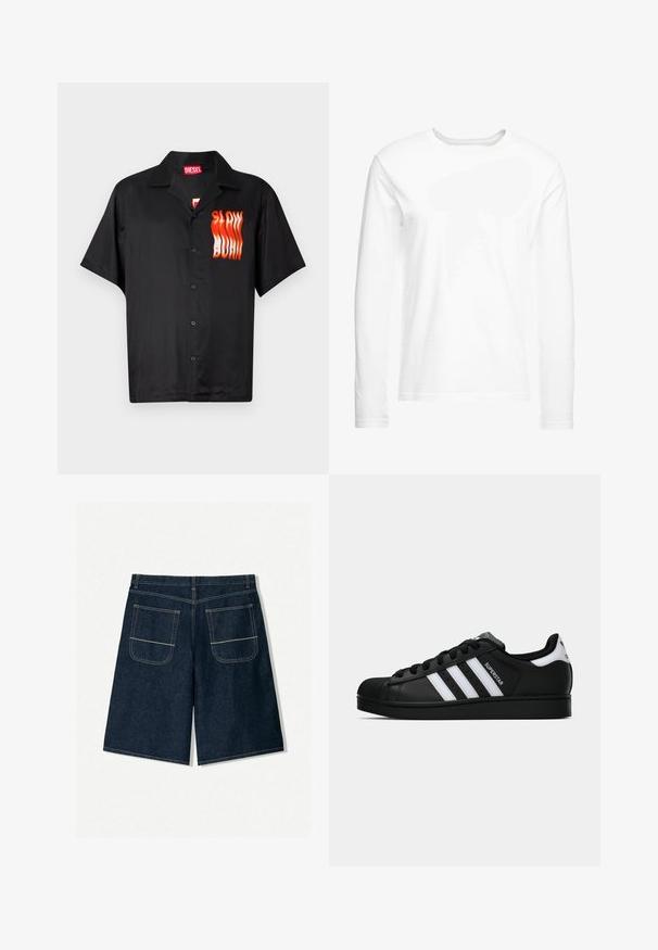 Černá polokošile s krátkým rukávem vyrobená z hladkého materiálu, která na levé straně nese grafiku "SLOW BURN" v červené a oranžové barvě a má klasický límec.; Bílá dlouhá tričko s dlouhým rukávem vyrobené z jemné bavlny. Kulatý výstřih se rovnými lemy a bez viditelných vzorů či grafik.; Tmavě modré džíny šortky s volnějším střihem, které mají dvě zadní kapsy s kontrastním švem. Rovný střih a délka ke kolenům.; Černé tenisky Adidas Superstar se bílými pruhy, špičkou ve tvaru skořápky a textem "Superstar" na boku, zobrazené v bočním profilu na bílém pozadí.