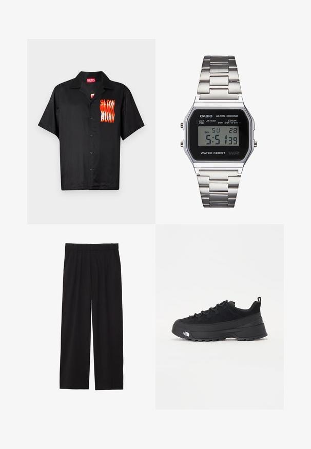 Camicia nera a maniche corte realizzata in tessuto liscio, con una grafica rossa e arancione "SLOW BURN" sul lato sinistro e un design classico del colletto.; Pantaloni neri a gamba larga con frontale plissettato, tasche laterali e una texture di tessuto liscia. Progettati per un fit comodo.; Sneaker da esterno nera con parte superiore in suede, suola in gomma testurizzata e robusto sistema di allacciatura. Presenta un tallone rinforzato e il logo del marchio sul lato.; Orologio digitale Casio con quadrante nero, cinturino in acciaio inox argentato, cassa rettangolare e pulsanti per luce, azzeramento giro e regolazioni della modalità.