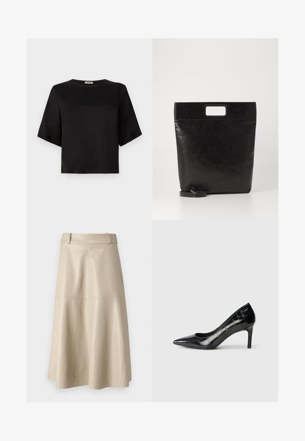Sort kortærmet bluse med en rund halsudskæring, lavet af glat stof. Designet har en boxy silhuet og en ren finish.; Beige læder midi-skjørt med en glat tekstur, bred taljeelastik og flagrende kant; har syede sømme for ekstra detalje.; Sorte spidse højhælede sko med en glansfuld overflade og en subtil tekstureret mønster. Har en moderat hæl og åben hals design.; Sort læder tote bag med et firkantet håndtag, der har en tekstureret overflade og prægede logo. Indeholder en aftagelig rem.