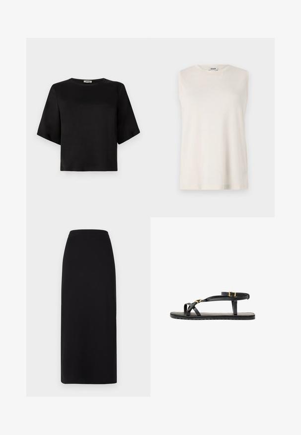 Czarny top z krótkim rękawem i okrągłym dekoltem, wykonany z gładkiego materiału. Projekt charakteryzuje się pudełkowym krojem i czystym wykończeniem.; Bezramkowy top w jasnym beżowym materiale, z okrągłym dekoltem i luźnym krojem. Gładka struktura bez ozdób czy wzorów.; Czarna spódnica długości do kostek z dopasowanym pasem. Wykonana z miękkiego, elastycznego materiału, cechująca się gładką fakturą i brakiem widocznych ozdób.; Czarne skórzane sandały z cienkimi paskami i zapięciem na kostce. Płaska podeszwa o teksturowanym wykończeniu i ząbkowanej krawędzi. Minimalistyczny design.