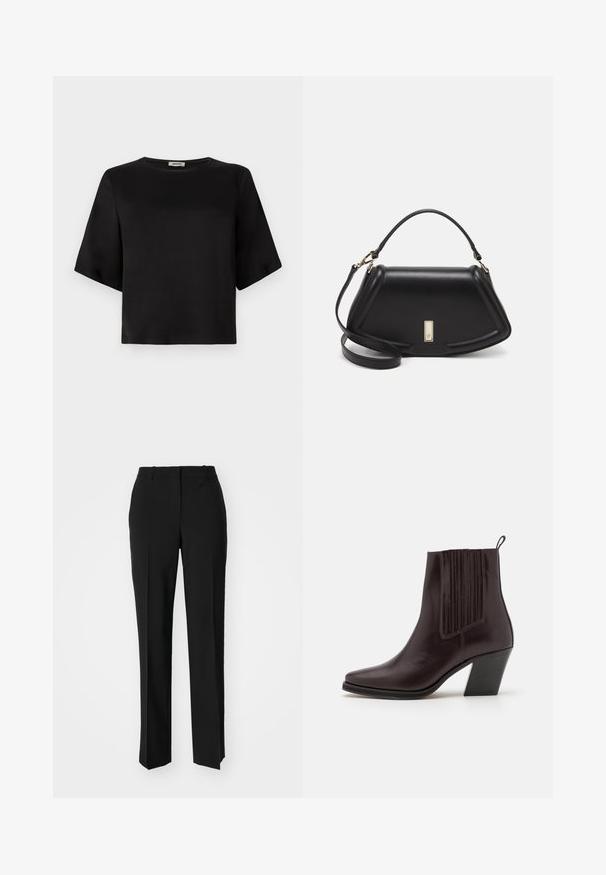 Sort kortærmet bluse med en rund halsudskæring, lavet af glat stof. Designet har en boxy silhuet og en ren finish.; Sorte skræddersyede bukser med lige ben-design, der har en glat tekstur og skarpe folder langs fronten. Ingen synlige hardware.; Mørkebrune læderankelstøvler med spidse tær, lodrette ribbede detaljer på siden og en mellemhøj blokhæl.; Sort læderhåndtaske med en struktureret design, der har en kortet form, tophåndtag og guld hardware-accenter. Justerbar skulderrem inkluderet.