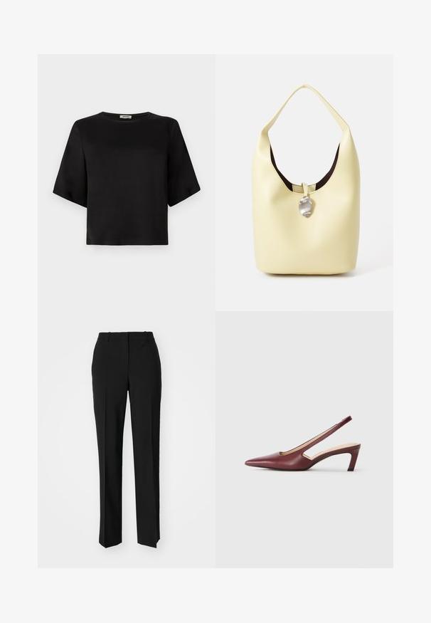 Sort kortærmet bluse med en rund halsudskæring, lavet af glat stof. Designet har en boxy silhuet og en ren finish.; Sorte skræddersyede bukser med lige ben-design, der har en glat tekstur og skarpe folder langs fronten. Ingen synlige hardware.; Bordeaux slingback hæle med spids tå, udskæringsdetaljer på siden og en midt-høj blokhæl. Glat læderfinish.; Hobo taske i blødt gult læder med en rund form. Har en glat overflade, mørk indvendig foret og en sølvtonet detalje ved lukningen.