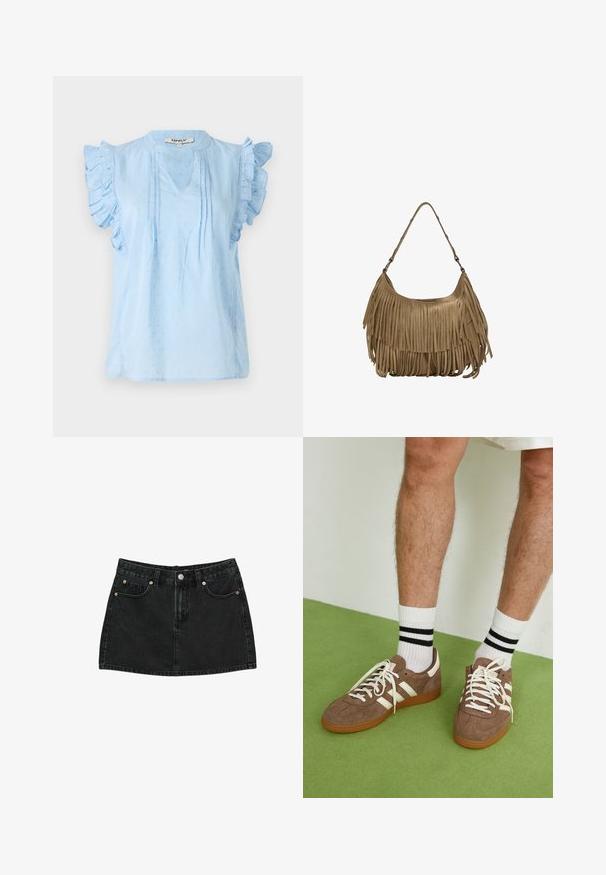 Ljusblå blus med volangärmar, med en V-halsringning, texturerat mönster och smocksöm detaljer längs framsidan. Tillverkad av mjukt tyg.; Svart denim minikjol med framskjutsknappar, bälteslänger och två framfickor med kopparnitar, liggande platt på vit bakgrund.; Bruna mockaskor med vita detaljer och snören. Gummisula i beige. Bärs med vita strumpor med svarta ränder. Grön strukturerad golvyta.; Brun mockaskinns väska med långa fransdetaljer, en böjd form och ett enda axelband. Har en jämn, strukturerad yta.