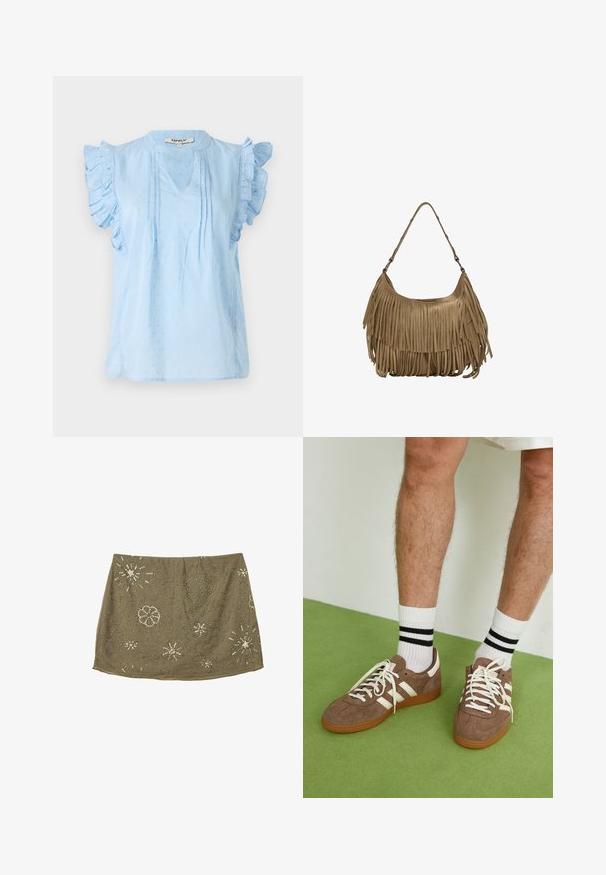 Jasnoniebieska bluzka z falbaniastymi rękawami, z dekoltem w kształcie litery V, wzorem teksturowym oraz drobnymi przeszyciami z przodu. Wykonana z miękkiego materiału.; Oliwkowa spódnica z dopasowaną talią, zdobiona srebrnymi koralikami w wzory kwiatowe i gwiazdy, tworząc teksturowany design powierzchni.; Brązowe zamszowe sneakersy z białymi akcentami i sznurówkami. Gumowa, brązowa podeszwa. Noszone z białymi skarpetkami w czarne paski. Zielona teksturowana podłoga.; Brązowa torebka z zamszu z długimi frędzlami, o zakrzywionym kształcie i pojedynczym paskiem na ramię. Posiada gładką, teksturowaną powierzchnię.
