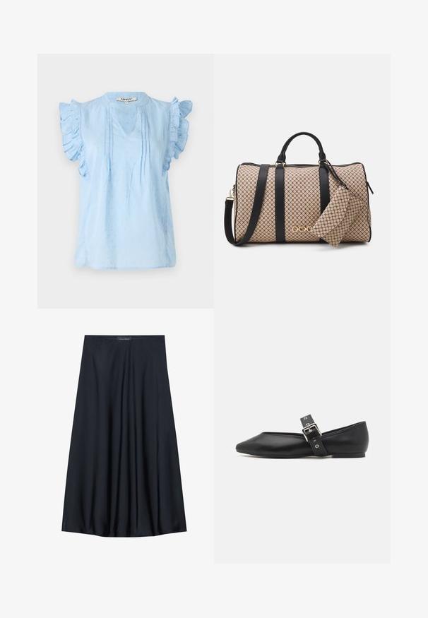 Blouse bleu clair avec des manches à volants, dotée d'un décolleté en V, d'un motif texturé et de détails de pintucks sur le devant. Confectionnée en tissu doux.; Jupe noire, arrivant aux genoux, en tissu léger avec un design fluide. Présente une texture lisse et de subtils plis pour un détail supplémentaire.; Chaussure plate en cuir noir avec un bout pointu, une bande latérale dotée d'une boucle en argent et un petit talon. Texture lisse et design minimaliste.; Sac de sport avec un extérieur à motif beige, des sangles en cuir noir, des accessoires en or et une petite pochette assortie attachée. Design structuré.; Montre-bracelet rectangulaire dorée avec un cadran blanc, des index horaires argentés et un bracelet en métal durable. Fonction étanche incluse.