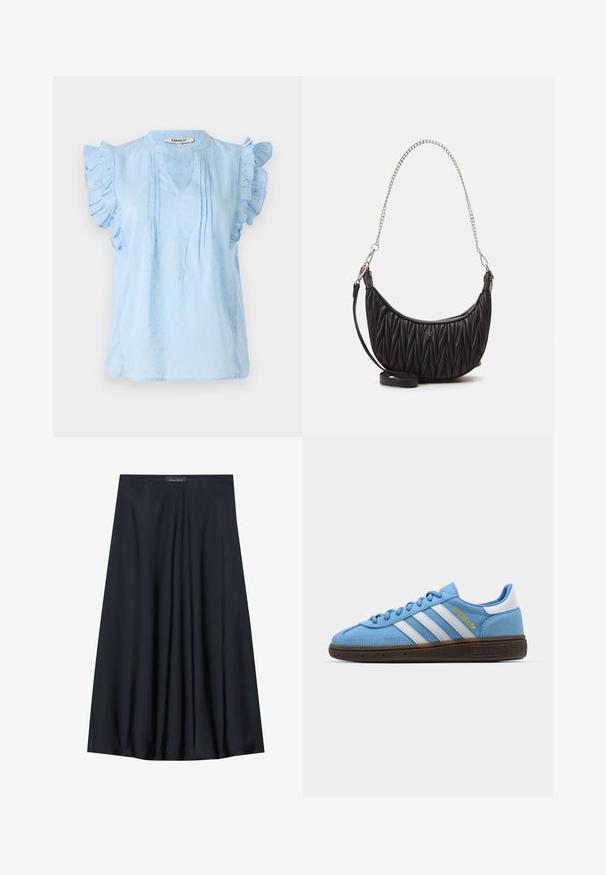 Light blue blouse with ruffled sleeves, featuring a V-neck, textured pattern, and pintuck details along the front. Crafted from soft fabric.; Black, knee-length skirt made of lightweight fabric with a flowy design. Features a smooth texture and subtle pleats for added detail.; Light blue suede sneakers with white leather stripes, a brown textured sole, and gold logo detail. Low-top design with rounded toe.; Black faux leather handbag with quilted texture, curved shape, silver chain strap, and a small logo accent at the front.; Gold-tone rectangular wristwatch with a white dial, silver-tone hour markers, and a durable metal link bracelet. Water-resistant feature included.