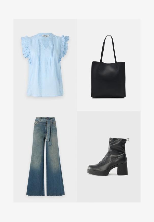 Hele sinine pluus volangkäistega, V-kaelusega, reljeefselt tekstureeritud mustriga ja pintuck-detailidega esiosas. Valmistatud pehmest kangast.; Laiad denimpüksid, millel on hele tume sinine gradiendiefekt, kõrge vöökoht, vöökumlid ja sobivast kangast vöö. Struktureeritud denimi viimistlus.; Mustad mustad ansapüksid, mis on valmistatud siledast nahast, külje zipperiga, paksu tekstuuriga kontsaga ja ümmarguse nina disainiga.; Mustast nahast kott sujuva tekstuuriga, ristkülikukujuline ja kahe pika sangaga. Pole nähtavat riistvara ega kaunistusi.