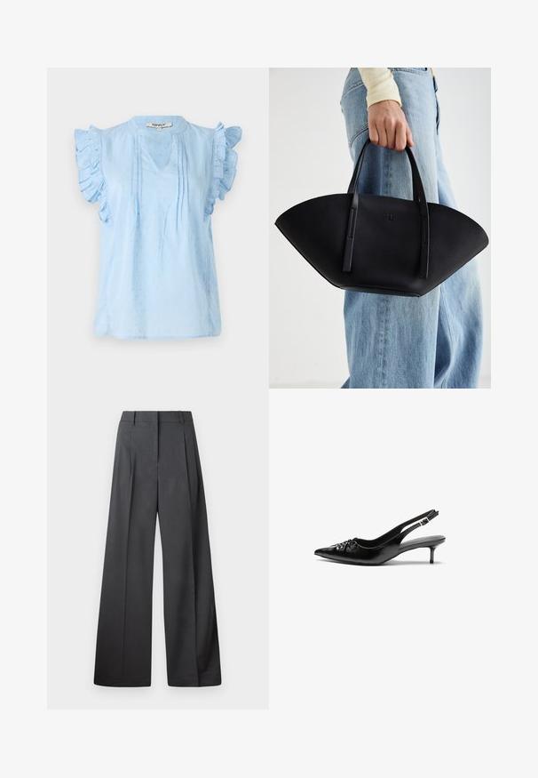 Lyseblå bluse med flæser på ærmerne, med V-hals, struktureret mønster og pintuck-detaljer langs fronten. Fremstillet af blødt stof.; Bredde benbukser i mørkegrå stof, med høj talje, enkelte læg og en glat tekstur med en ren finish ved kanten.; Sorte læderslippers med spidse tæer, lille kitten hæl og en dekorativ knude detalje foran. Glat tekstur hele vejen rundt.; Sort læderhåndtaske med en unik vifteform, der har flade håndtag. Overfladen har en pebblelignende tekstur og et minimalistisk design.
