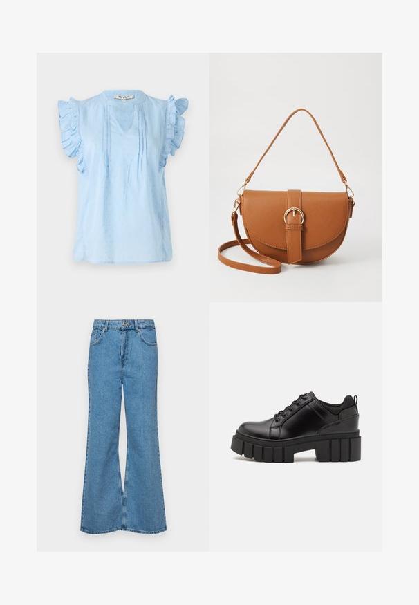 Svijetloplava bluzica s nabranim rukavima, s V-izrezom, teksturiranim uzorkom i sitnim nabora duž prednje strane. Izrađena od mekog materijala.; Svetlo modri razširjeni džins hlače iz denima, z visokim pasom, petimi žepi in enim gumbom za zapiranje. Mehka tekstura z blagim zbledelim videzom.; Črne usnjene platforme z debelim blokastim petam, okroglo konico in klasičnim vezanjem. Imajo gladko teksturo in minimalne podrobnosti.; Rjava usnjena torbica prek telesa s ukrivljeno obliko, zlate opreme in sponko. Ima odstranljiv naramni trak.