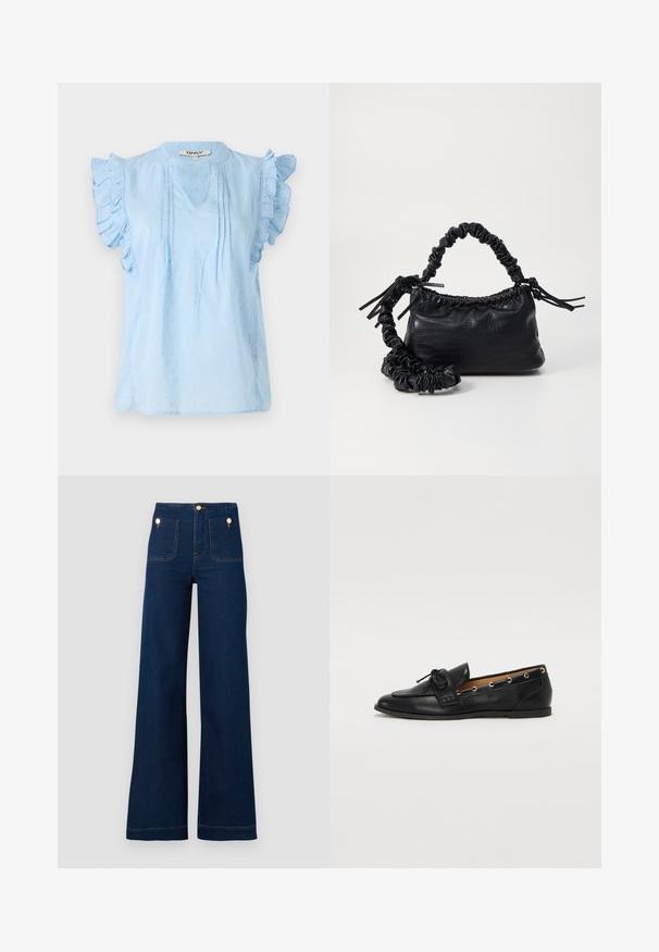 Light blue blouse with ruffled sleeves, featuring a V-neck, textured pattern, and pintuck details along the front. Crafted from soft fabric.; Dark blue wide-leg jeans with high waist, gold button accents, two front and back pockets, and contrasting stitch details. Textured denim fabric.; Black leather loafers with a tied bow, featuring gold eyelet accents along the sides and a flat rubber sole. Smooth texture, classic design.; Black faux leather handbag with a crocodile texture, cinched top, and a scrunched strap. Appears soft and compact in design.