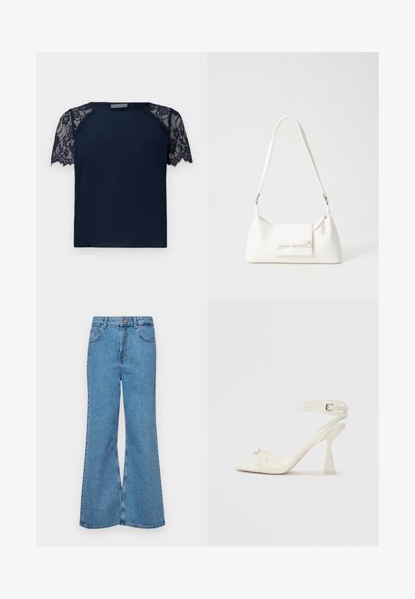 Blusa azul-marinho com mangas curtas em renda. Tecido suave, forma retangular e detalhes em renda nos ombros. Decote redondo simples.; Jeans de brim azuis claros, com corte à boca de sino, apresentando uma cintura alta, cinco bolsos e um fecho de botão único. Textura macia com acabamento desbotado.; Sandal de salto alto com tiras em couro branco, com um design elegante, um salto bloco transparente e um elemento decorativo na ponta.; Mala sintética branca com formato triangular, aba frontal plana e detalhe de laço, alça ajustável, textura suave e design minimalista.