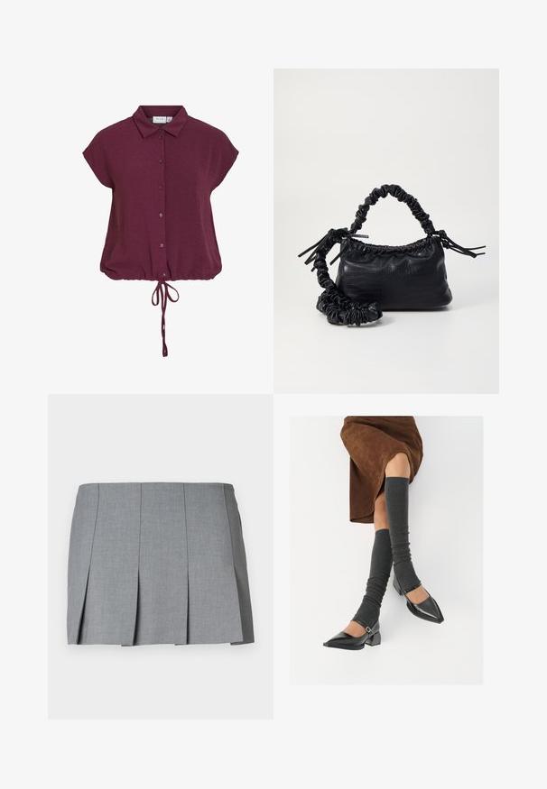 Camisa de manga curta bordeaux com colarinho, fecho com botões e bainha franzida com cordão para atar, apresentando um tecido texturizado.; Saia plissada cinza com uma textura suave, design estruturado e uma cintura ajustada. Feita de um tecido leve com um padrão subtil.; Sapatos pretos de pele lacada com biqueira pontuda, salto bloco e tiras no tornozelo, combinados com caneleiras cinzas em malha e uma saia de camurça castanha.; Bolsa de mão em couro sintético preto com textura de crocodilo, topo franzido e alça enrugada. Apresenta um design suave e compacto.