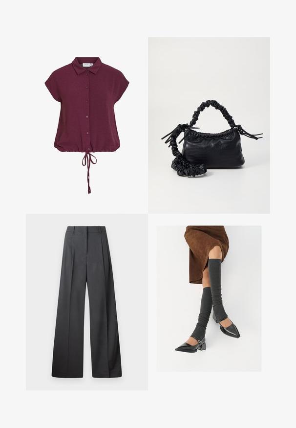Burgundy short-sleeve shirt with a collar, button front, and gathered hem with tied drawstring, featuring a textured fabric.; Wide-leg trousers in dark gray fabric, featuring a high waist, single pleats, and a smooth texture with a clean finish at the hems.; Black patent leather pointed-toe shoes with a block heel and ankle strap, paired with gray ribbed leg warmers and a brown suede skirt.; Black faux leather handbag with a crocodile texture, cinched top, and a scrunched strap. Appears soft and compact in design.