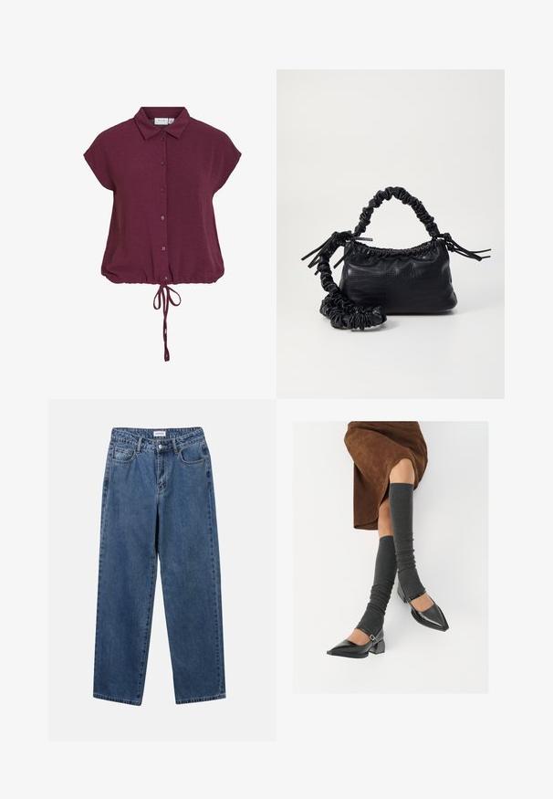 Burgundy short-sleeve shirt with a collar, button front, and gathered hem with tied drawstring, featuring a textured fabric.; Classic blue denim jeans with a straight-leg design, five pockets, and a button closure. Features a medium wash and sturdy texture.; Black patent leather pointed-toe shoes with a block heel and ankle strap, paired with gray ribbed leg warmers and a brown suede skirt.; Black faux leather handbag with a crocodile texture, cinched top, and a scrunched strap. Appears soft and compact in design.