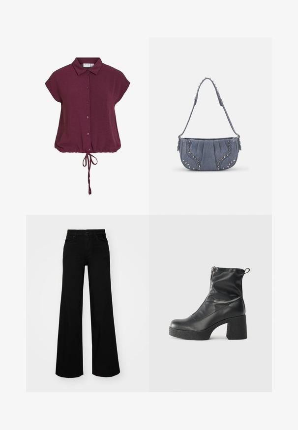 Μπουργκινί κοντομάνικο πουκάμισο με γιακά, κουμπάκι μπροστά και μαζεμένο τελείωμα με δεμένο κορδόνι, διαθέτοντας υφή υφάσματος.; Μαύρο παντελόνι με φαρδιά μπατζάκια από τζίν, με δομημένη μέση, θηλιές ζώνης και μπροστινές τσέπες. Λείος υφασμάτινος σχεδιασμός με κλασική εμφάνιση.; Μαύρες μποτές μέχρι τον αστράγαλο από λείο δέρμα, με πλευρικό φερμουάρ, χοντρό υφασμάτινο τακούνι και στρογγυλή μύτη.; Τσάντα ώμου από τζιν με πλισέ σχέδιο, μπλε χρώμα, ασημένιες διακοσμητικές τρουκς κατά μήκος των άκρων και υφασμάτινη ζώνη.