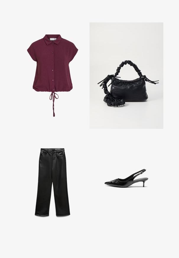Burgundy short-sleeve shirt with a collar, button front, and gathered hem with tied drawstring, featuring a textured fabric.; Black faux leather wide-leg pants with front pockets, belt loops, and subtle sheen. Smooth texture and tailored fit.; Black leather slingback heels with a pointed toe, small kitten heel, and a decorative knot detail on the front. Smooth texture throughout.; Black faux leather handbag with a crocodile texture, cinched top, and a scrunched strap. Appears soft and compact in design.