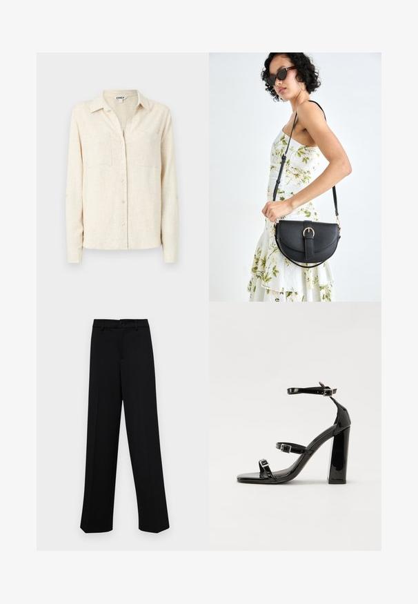 Cămașă bej deschis cu mânecă lungă, cu guler, două buzunare pe piept și un finisaj texturat al țesăturii.; Pantaloni negri cu croi larg, dintr-un material neted, având un talie clasică cu închidere prin buton și plisuri frontale.; Sandale cu toc din patent negru, cu vârf pătrat, curele la gleznă și catarame din argint. Dispune de un toc gros pentru stabilitate.; Geantă din piele neagră, cu o formă curbată, curea detașabilă și accesorii aurii. Geanta are un capac cu un detaliu tip cataramă.