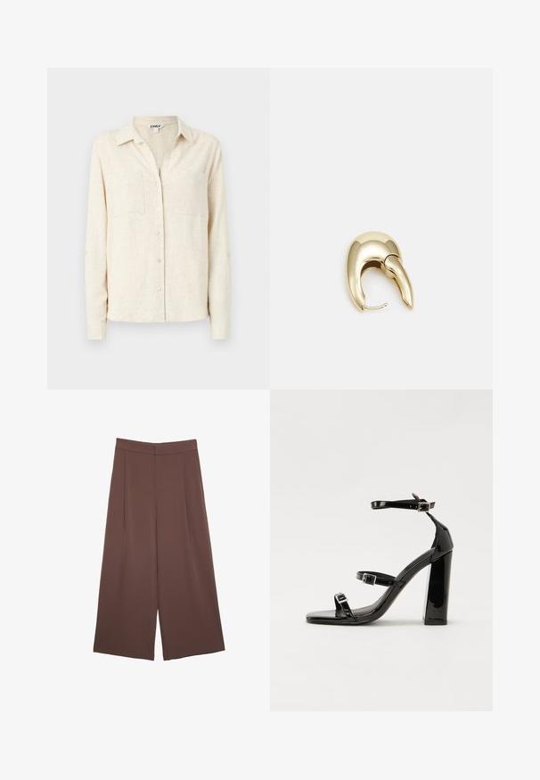 Svijetlosmeđa košulja dugih rukava s dugim gumbima, s ovratnikom, dva džepa na prsima i teksturiranim završetkom tkanine.; Smeđe hlače širokog kroja s glatkom teksturom, koje imaju visok struk i nabore sprijeda. Tkanina je lagana i slobodno se kreće.; Crne lakirane sandale na visoku petu s dva remena s kopčama, kvadratnim vrhom i masivnom blok petom, s glatkom, sjajnom teksturom.; Zlatne metalne naušnice s elegantnim, zakrivljenim dizajnom. Imaju karakterističan šiljast oblik, poliranu površinu i zatvaranje na šarku.