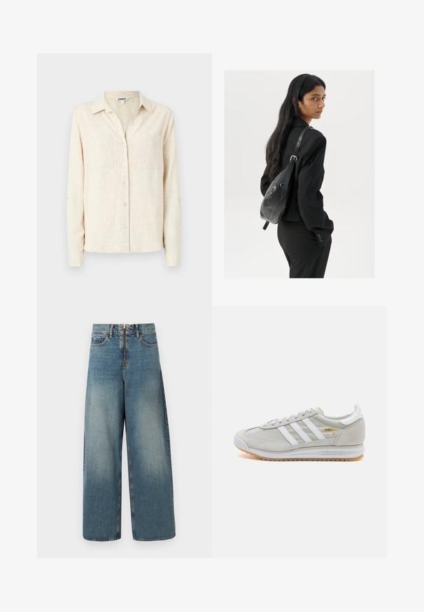 Jasbeżowa, długorękawowa koszula zapinana na guziki, z kołnierzykiem, dwiema kieszeniami na piersi i teksturowanym wykończeniem materiału.; Jeans w szerokich nogawkach w jasnoniebieskim odcieniu. Posiadają zamek błyskawiczny z zapięciem na guzik oraz subtelne przetarcia, nadające im wygląd z biegiem czasu.; Jasnoszare sneakersy wykonane z zamszu i siateczki, z trzema białymi paskami, okrągłym noskiem i gumową podeszwą. Złoty akcent logo w pobliżu sznurowadeł.; Kobieta z długimi ciemnymi włosami, ubrana w czarny garnitur, trzymająca czarną skórzaną torbę na ramię, spoglądająca przez ramię na białym tle.; Srebrne kolczyki w formie obręczy o minimalistycznym designie. Okrągły kształt, gładka faktura i cienki profil. Lekkie, z polerowanym wykończeniem.
