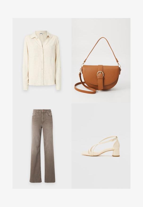 Ljust beige långärmad skjorta med knappar, krage, två bröstfickor och en texturerad tygfinish.; Bruna högmidjade rakbenade jeans med framknapp, bältesöglor och klassisk femfickorsdesign på vit bakgrund.; Beige klacksandaler med blockklack, remdesign och justerbart ankelsnöre, tillverkade av slätt syntetmaterial med matt yta.; Brun läder crossbody-väska med en böjd form, gyllene detaljer och en spänneaccent. Har en avtagbar axelrem.