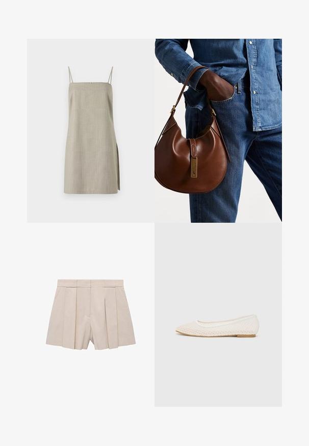 Šedé bezrukávové šaty vyrobené z lehké látky, s tenkými ramínky, rovným střihem a postranním rozparkem pro zvýraznění detailu.; Béžové skládací šortky s rafinovaným střihem, vysokým pasem a hladkou texturou. Čtyři přední sklady vytvářejí objem. Bez kapes.; Bílé ploché boty s síťovaným designem, se špičatou špičkou a nízkou plochou podrážkou. Texturovaný svršek s hladkým podšívkou a jemným kontrastním lemem.; Hnědá kožená hobo taška zaobleného tvaru, se zlatým kováním a kontrastním prošíváním. V kombinaci s džínovou košilí a džíny.