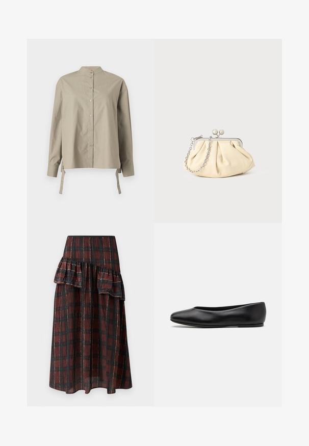 Beige napitna srajca z mandarin ovratnikom, dolgimi rokavi in stranskimi vezalkami. Narejena iz gladkega materiala, ki se ponaša s sproščenim krojem in preprostim dizajnom.; Maxihame vaaleanpunaisessa ja mustassa ruutukuviossa, jossa on kerrostettuja röyhelöitä vyötäröllä, valmistettu kevyestä kankaasta, jolla on pehmeä rakenne.; Paul Smith TOPANGA - Ballerinat - black; Beige nahkaista kassi, jossa on laskostus ja hopeinen metallirunko, kaksi pyöreää koristeellista solkea sekä hopeaketjuolkayh.