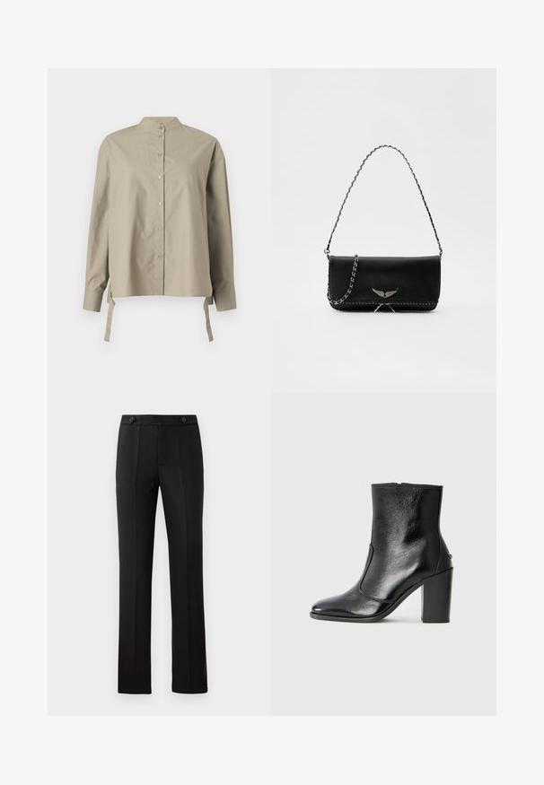 Béžová košile na knoflíky s mandarínským límcem, dlouhými rukávy a postranními tkaničkami. Vyrobena z hladkého materiálu, má volný střih a jednoduchý design.; Černé elegantní kalhoty s rovnými nohavicemi, dvěma předními kapsami, zapínáním na knoflík a sklady na přední straně. Hladká struktura tkaniny.; Černé kožené kotníkové boty s hladkou texturou, špičatou špičkou a robustním vysokým podpatkem. Mají boční otvor a minimalistický design.; Černá kožená kabelka se stříbrným řetízkovým popruhem, zdobená dekorativními křídly a bílým prošíváním podél spodního švu.