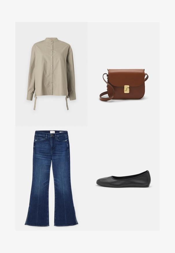 Beige Hemd mit mandarin Kragen, langen Ärmeln und seitlichen Bindebändern. Aus glattem Stoff gefertigt, mit einem lockeren Schnitt und schlichten Design.; Dunkelblaue, ausgestellte Jeans aus Denim. Mit hoher Taille, vorderen Taschen und Schlitzen am Saum. Klassisches Fünf-Taschen-Design.; Schwarze Leder-Ballettschuhe mit abgerundeter Spitze, glatter Textur, minimalen Nähdetails und einem flexiblen Sohlen-Design.; Braune Ledertasche mit Klappenverschluss, Beschlägen in Goldfarbe, einem Schultergurt und einer glatten Oberfläche. Kompakte rechteckige Form.