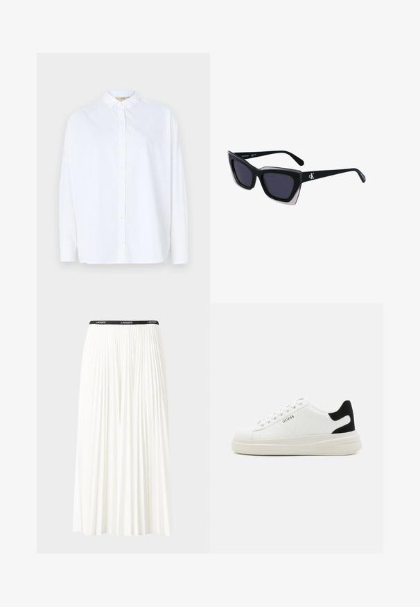 Weißes Langarmhemd mit Knopfleiste und klassischem Kragen, aus glattem Stoff gefertigt, mit dezenten Seitenschlitzen am Saum.; Faltenrock aus Weiß mit einem schwarzen elastischen Bund, der das "LACOSTE"-Logo trägt. Mittellanges Design mit weicher Textur.; Weiße Leder-Sneaker mit einer dicken weißen Sohle, schwarzem Wildlederakzent an der Ferse und geprägtem Logo an der Seite. Schnürdesign mit sechs Ösen.; Schwarze übergroße Sonnenbrille mit geometrischer Form, ausgestattet mit dunklen Gläsern und einem kontrastierenden grauen Detail im Rahmen. Logo am Bügel.