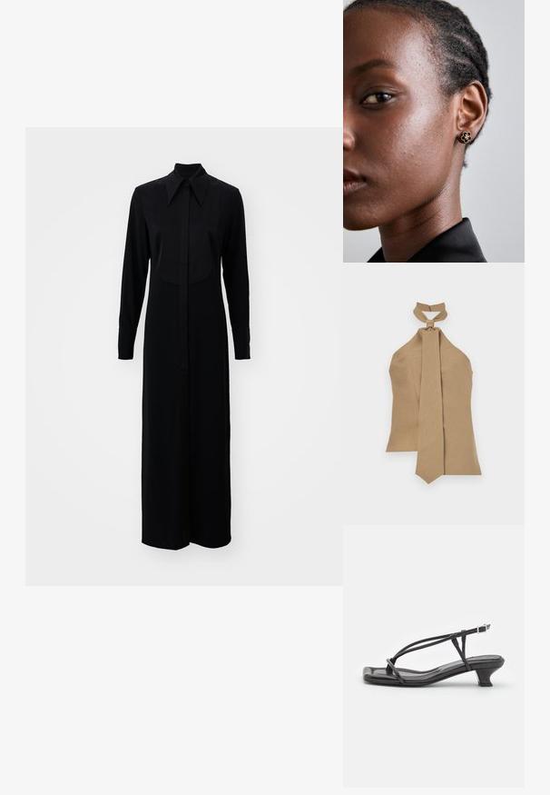 Béžový halter top s detailním uzlem na krku a dlouhým, zužujícím se vázáním. Vyrobeno z texturované látky; obsahuje zip na zádech pro zapínání.; Černé šaty s dlouhým rukávem, které mají zapínání na knoflíky vpředu, klasický límeček a rovný siluetu z hladké látky.; Černé kožené sandály s tenkými pásky, nízkým blokovým podpatkem a čtveratou špičkou. Obsahují přezku a mají hladkou texturu.; Černá prošívaná kožená kabelka s staženým vrchem, zlatým řetízkovým popruhem a obdélníkovým tvarem, držena před jednoduše pozadím.; Zlaté květinové náušnice mají texturované černé střed a jemné detaily. Modelova jasná pleť a splétané vlasy jsou viditelné v profilu.