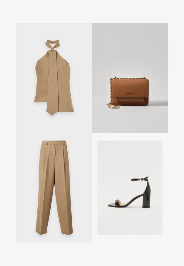 Tan haltertop met een knoopdetail bij de hals en een lange, taps toelopende strik. Gemaakt van textuurstof; heeft een ritssluiting aan de achterkant voor het sluiten.; Beige op maat gemaakte broek met een hoge taille, geplooide voorkant en wijde pijpen. De stof lijkt glad met een lichte glans.; Zwarte lakleren sandaal met een brede hak, open teen en enkelbandje met een gouden gesp. Zachte textuur en strak ontwerp.; Bruine lederen schoudertas met textuur, voorzien van een gouden kettingstrap en klepsluiting. De voorkant heeft een logo-detail en een zak onder de klep.
