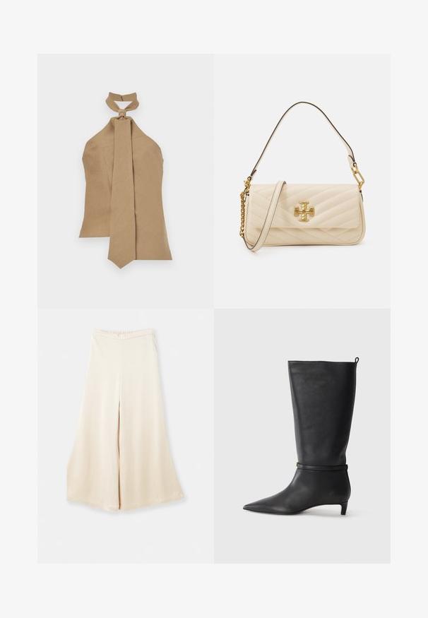 Top halter color tostado con un detalle de nudo en el cuello y una corbata larga y ajustada. Fabricado con tejido texturizado; presenta un cierre con cremallera en la parte posterior.; Pantalones anchos beige hechos de una tela suave con una cintura alta y un caído suave. Presentan un corte holgado y líneas limpias y simples.; Bota de cuero negro hasta la rodilla con punta afilada, acentuada por una correa circular alrededor del tobillo y un tacón bajo y afilado. Textura suave.; Bolso de crema acolchado con un acento de logo dorado, que presenta una cadena y una correa de cuero. Diseño estructurado y textura suave con costuras diagonales.