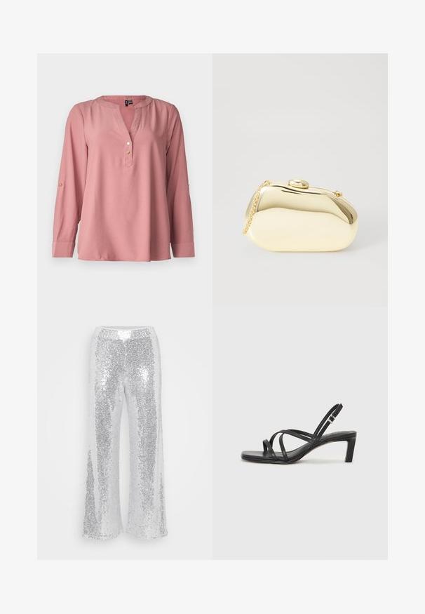 Pitkähiha, ruusunvärinen pusero, jossa on V-pääntie, pyöreä kaulus, kolme kultakehystettyä nappia ja rullattavat hihat. Sujuva kangas, jossa on minimaalinen tekstuuri.; Hopeiset paljetti leveälahkeiset housut, joissa on korkea vyötärö. Kangas kimaltelee ja heijastaa valoa, ja siinä on sileä, kiiltävä pinta.; Mustat hihnalligat, joissa on neliön muotoinen kärki ja matala lohkokorko. Ominaisuuksiin kuuluu useita ohuita hihnoja ja säädettävä nilkkahihna. Valmistettu sileästä nahasta.; Metallinen kultainen clutch, jossa on sileä ja pyöreä muoto. Sen yläosassa on nappilukko ja pieni ketjuhihna kuljettamista varten.