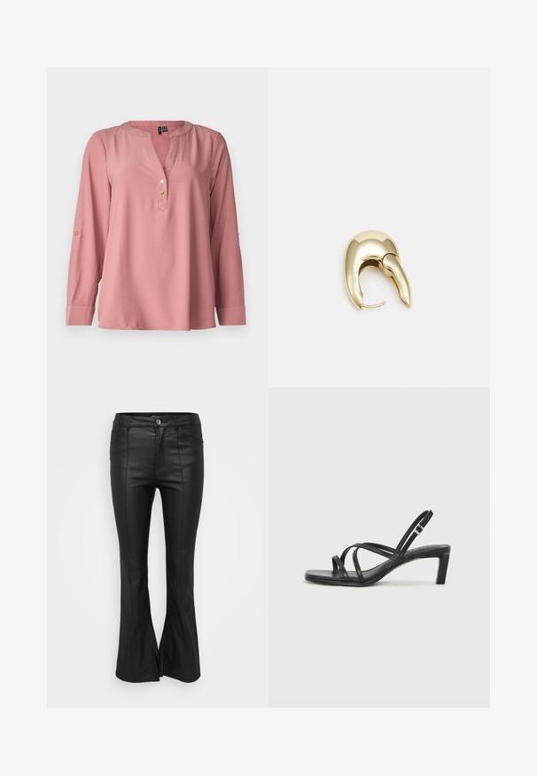 Long-sleeve, rose-colored blouse with a V-neck, rounded collar, three gold buttons, and roll-tab sleeves. Smooth fabric with minimal texture.; Black flared pants with a shiny, leather-like texture, featuring front pockets, a button closure, and side slits at the hem.; Black strappy sandal with a square toe and a low block heel. Features multiple thin straps and an adjustable ankle strap. Made of smooth leather.; Gold-tone metal earring with a sleek, curved design. Features a distinctive pointed shape, polished surface, and hinge closure.