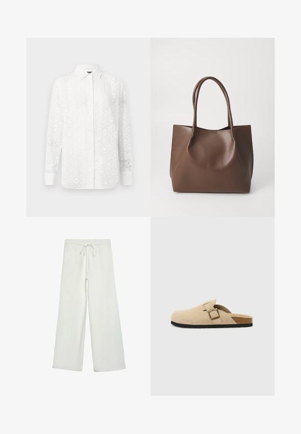 White long-sleeve shirt with a subtle geometric pattern, featuring a button-down front, collar, and cuffs; made from lightweight fabric.; White wide-leg pants made of soft fabric. Features an elastic waistband with a drawstring and a smooth texture. No visible patterns or hardware.; Beige suede slide-on clogs with a cork footbed, rounded toe, and a simple strap featuring a gold-tone buckle. Rubber sole for grip.; Brown leather tote bag with two long handles, structured shape, smooth texture, and minimalistic design. No visible hardware or accents.