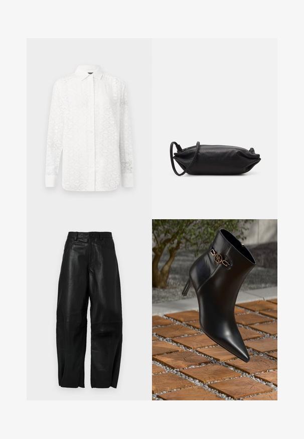 Weißes Langarmhemd mit einem subtilen geometrischen Muster, mit einer Knopfleiste, Kragen und Manschetten; aus leichtem Stoff gefertigt.; Schwarze Lederhose mit lockerer Passform, geradem Bein, Fronttaschen und sichtbaren Nähten.; Schwarze Leder-Ankle-Boots mit spitzem Zehen und kleinem Absatz. Mit einem goldenen Kettenakzent am Knöchel. Umgeben von einer strukturierten Steoberfläche.; Schwarze Leder-Clutch mit rechteckiger Form, glatter Textur, dünnem Schulterriemen und minimalistischer Gestaltung.