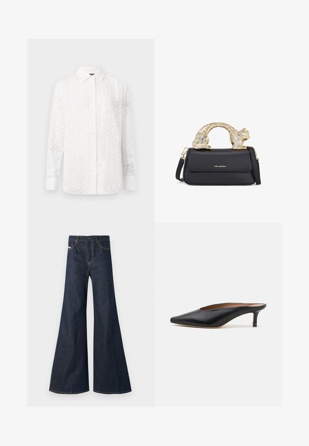 Fehér, hosszú ujjú ing, finom geometriai mintával, gombos elejével, gallérral és mandzsettákkal; könnyű anyagból készült.; Sötétkék, bővülő farmernadrág, magas derékkal, aranyvarrás kiemelésekkel, és két elülső zsebbel, gombos záródással.; Fekete bőr mules cipők, hegyes orral és alacsony, blokk sarkú kialakítással. Simább textúrával és elegáns dizájnnal. Nyitott hátú, minimális részletezéssel.; Fekete bőrtáska arany macska alakú fogantyúval, elülső fedéllel, állítható pánttal és logó részlettel az alsó részen.