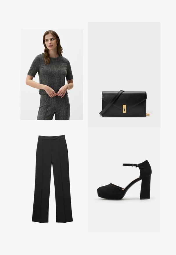 Szary top w kratę typu houndstooth z krótkim rękawem, okrągłym dekoltem i dekoracyjnym wykończeniem rękawów. Gładka faktura, dopasowany krój.; Czarne spodnie z wysokim stanem i szerokimi nogawkami, z pętelkami na pasek oraz detalem w postaci szwu z przodu, prezentowane na białym tle.; Czarne zamszowe szpilki na platformie z grubym słupkowym obcasem, zaokrąglonym noskiem i paskiem wokół kostki zabezpieczonym metalowym klamrem. Gładka faktura na całej powierzchni.; Czarny skórzany portfel z klapą, złotą okuciami, z akcentem logo. Zawiera odpinany pasek do noszenia.