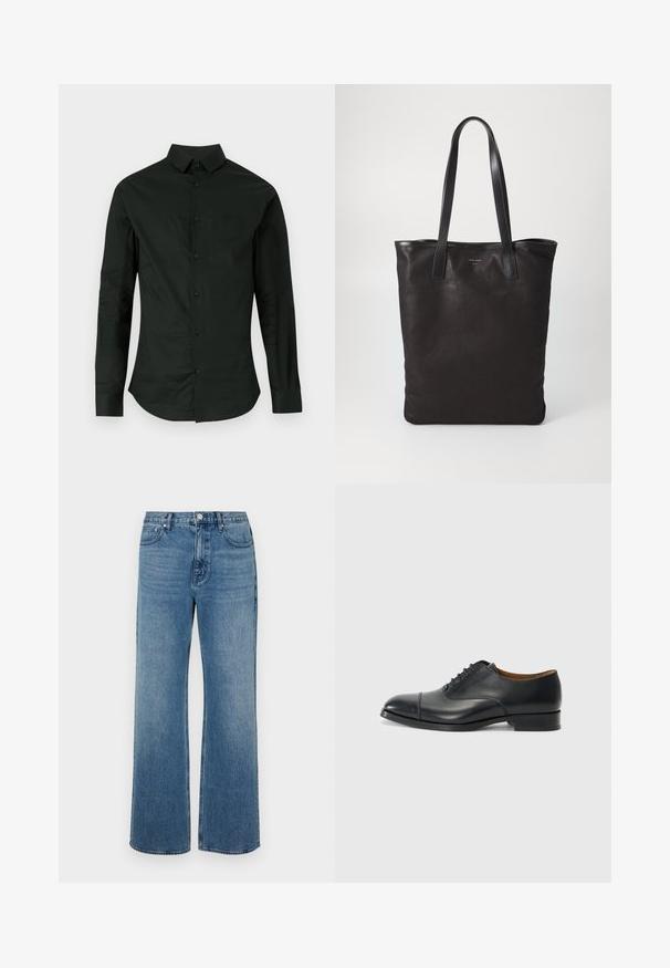 Long-sleeve black shirt made of smooth fabric, featuring a button-up front, classic collar, and rounded hem with no visible patterns or accents.; Wide-leg blue jeans made of denim with a faded finish. Features five pockets, a front button closure, and a straight cut.; Black leather dress shoe with a smooth finish, rounded toe, five eyelets for laces, and low block heel. Minimalist design with subtle stitching.; Black canvas tote bag with black leather handles. Simple design, spacious body, and a smooth texture. No visible logos or patterns.