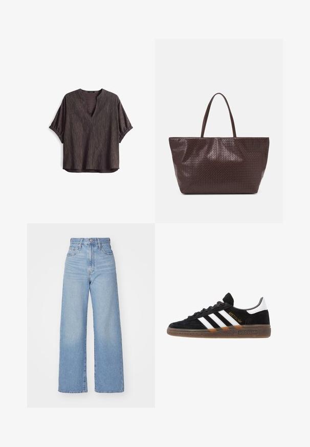 Donkerbruine V-hals blouse met korte mouwen, met een gestructureerd gestreept patroon en ruche-mouwen. Lichte stof, relaxte pasvorm.; Lichtblauwe high-waist wijde jeans met een knoop- en ritssluiting aan de voorkant, voor- en achterzakken, op een witte achtergrond.; Zwarte Adidas sneaker met witte strepen, gouden "Spezial" tekst, gumzool en witte hieltab, weergegeven in zijaanzicht.; Bruine gevlochten leren tote bag met twee handvatten, een gestructureerde vorm en een getextureerd oppervlak, met een diamantpatroon overal.