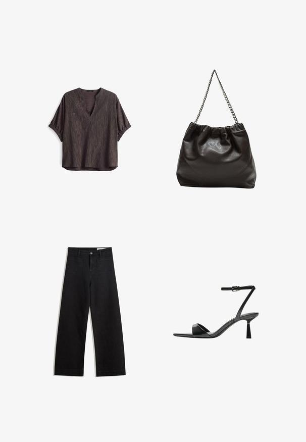 Dunkelbraune V-Ausschnitt-Bluse mit kurzen Ärmeln, die ein strukturiertes gestreiftes Muster und geraffte Ärmelenden aufweist. Leichter Stoff, lockere Passform.; Schwarze weit geschnittene Jeans mit hoher Taille, ausgestattet mit Vorder- und Hintertaschen, gesteppten Nähten und einem Knopfverschluss. Glatte Textur.; Bershka High Heel Sandalette - black; Braune Lederhandtasche mit gerafftem Oberteil und Kettenriemen. Glatte Textur mit glänzendem Finish und subtilen Nahtdetails an den Seiten.