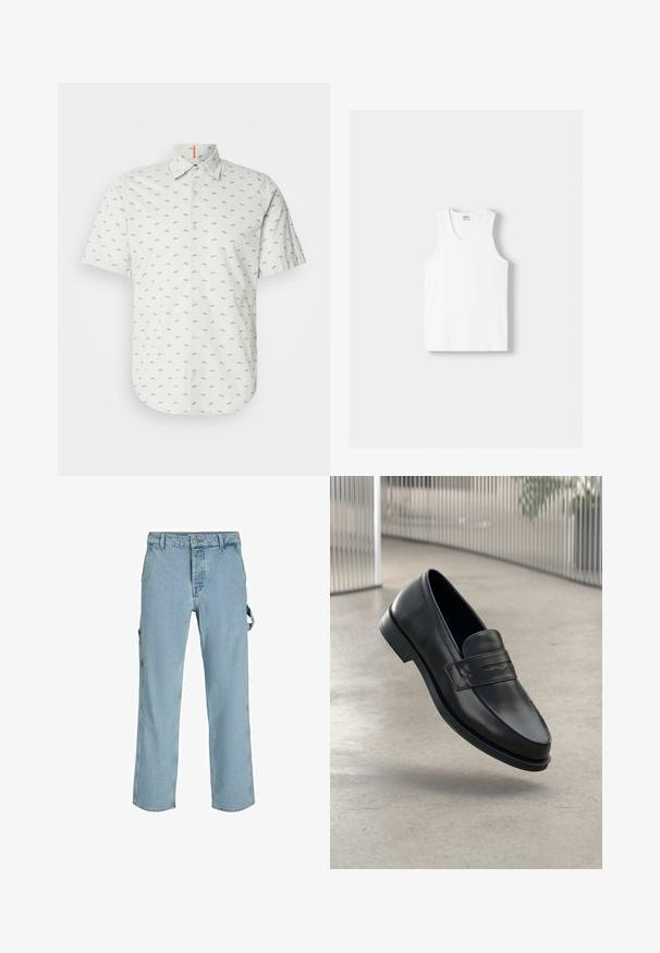Srajca s kratkimi rokavi in golo z zeleno barvo s potiskom malih črnih rib. Ima klasičen ovratnik in en sam oranžni detajl.; Bela bombažna majica brez rokavov z okroglo izrezom, širokimi naramnicami in ravnim robom, ki se ponaša z gladko teksturo in brez vidnih vzorcev.; Svijetloplave traper cargo hlače s opuštenim krojem, s bočnim petljama za vezivanje i prednjim džepovima, koje prikazuju izblijedjeli teksturu.; Črni usnjeni loafer z gladko teksturo, zašiljenim prstom in okrasnim trakom čez nart. Lahka podplat, minimalističen dizajn.