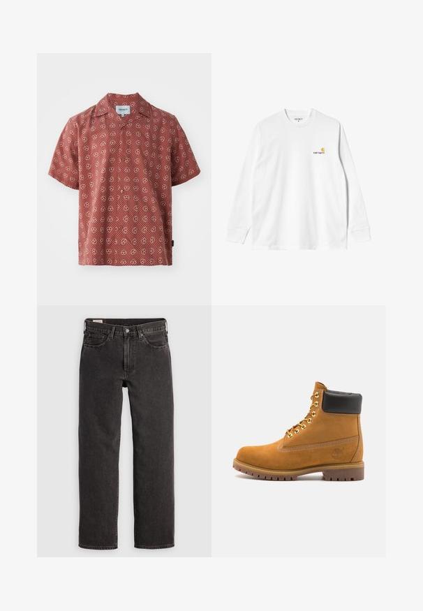 Korte mouwen overhemd in het rood met een witte hart en een stippenpatroon. Gemaakt van lichte stof met een knoopsluiting aan de voorkant en een normale kraag.; Witte katoenen T-shirt met lange mouwen en ronde hals, met een klein geel en bordeaux logo op de linkerborst. Naadloze manchetten en zoom.; Zwarte denim jeans met een rechte pijpontwerp, vijf zakken en metalen accenten. De stof heeft een lichte textuur en een effen kleurafwerking.; Tan suède enkelboot met zwart gevoerd kraagje, gouden metalen oogjes, witte stikdetails en een robuuste rubberen zool met uitgesproken profiel.