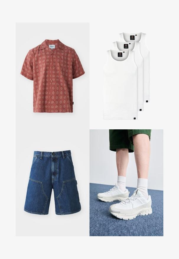 Short-sleeve shirt in red with white heart and dotted pattern. Made of lightweight fabric with a button-up front and a regular collar.; Three white ribbed tank tops made of cotton. Features a crew neck and small black labels near the hem. Available in multiple sizes.; Denim shorts with a dark blue wash, featuring large front pockets, a button closure, and visible stitching along the seams.; White athletic shoes with textured overlays, a chunky sole, and gray accents. Worn with white crew socks and green shorts on a blue surface.