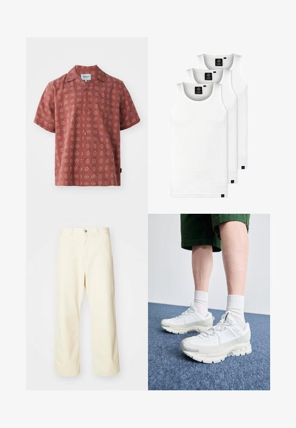 Kurzarmhemd in Rot mit weißem Herz und punktiertem Muster. Hergestellt aus leichtem Stoff mit einer durchgehenden Knopfleiste und einem normalen Kragen.; Drei weiße, gerippte Tanktops aus Baumwolle. Merkmale einen Rundhalsausschnitt und kleine schwarze Etiketten am Saum. In mehreren Größen erhältlich.; Cremfarbene, weite Stoffhosen aus Baumwolle mit Knopfverschluss, Gürtelschlaufen und genähtem Saum. Glatte Textur, keine sichtbaren Muster.; Weiße Sportschuhe mit strukturierten Überzügen, einer dicken Sohle und grauen Akzenten. Tragen mit weißen Crew-Socken und grünen Shorts auf einer blauen Oberfläche.